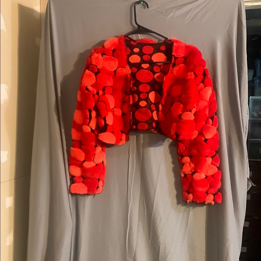 Red Teddy Jacket with Textured Polka Dot Design
